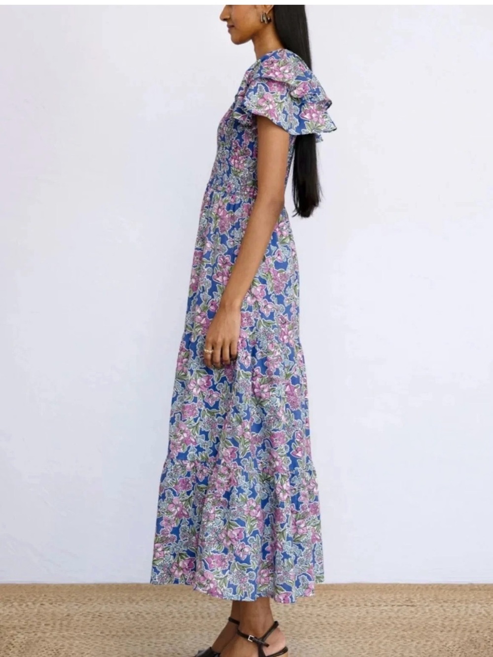 Banjanan Blue Floral Smocked Midi Dress with Pink & Green Accents size large - Picture 7 of 8